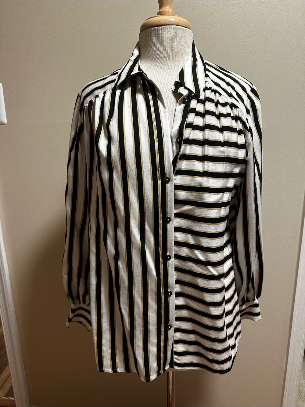 Maeve Anthropologie Black and Cream Vertical-Striped Button-Down Shirt
